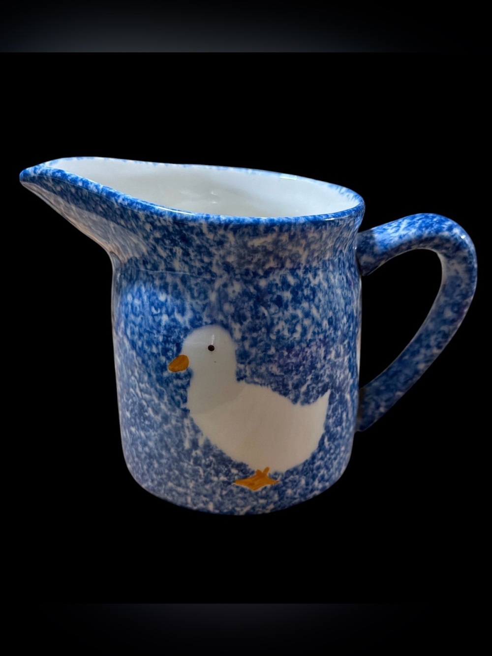 Vintage Blue Speckled Ceramic Creamer with Seagull Motif